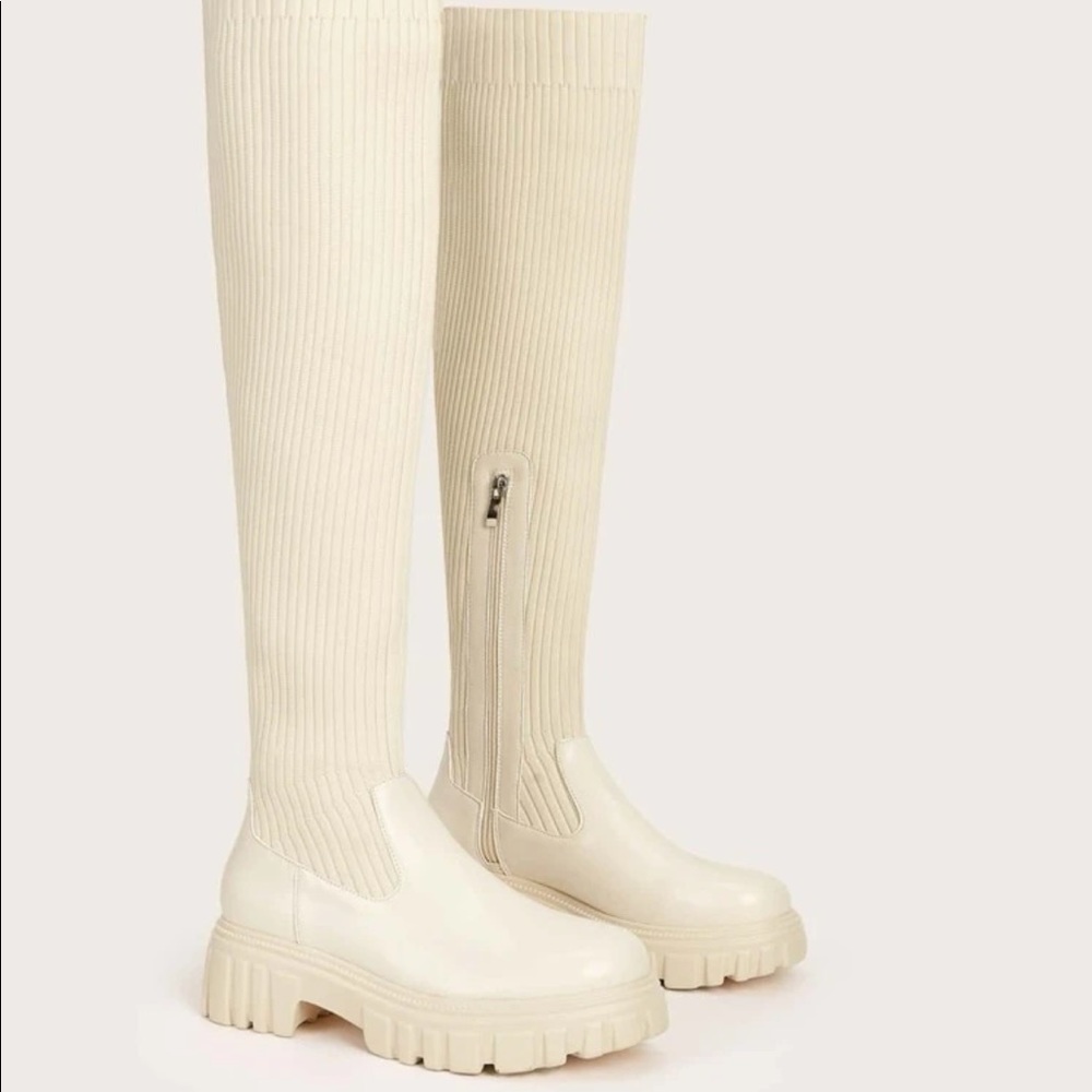 Cream Knitted Over The Knee Boots